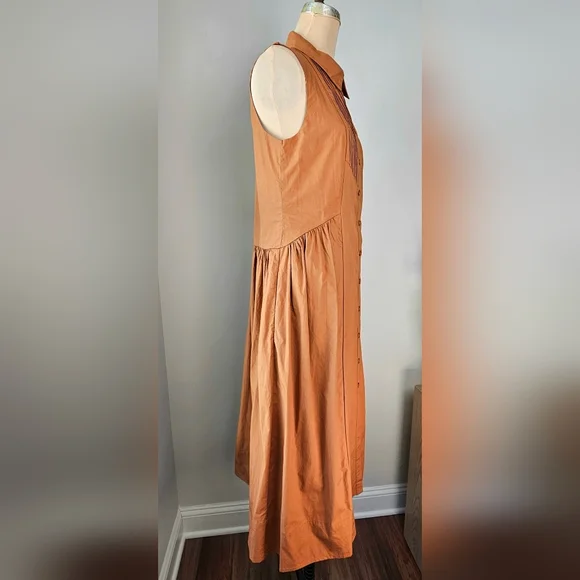 NWT Camel Cotton Poplin Midi Shirtdress Pintuck Button Front Pockets Small - Picture 3 of 10